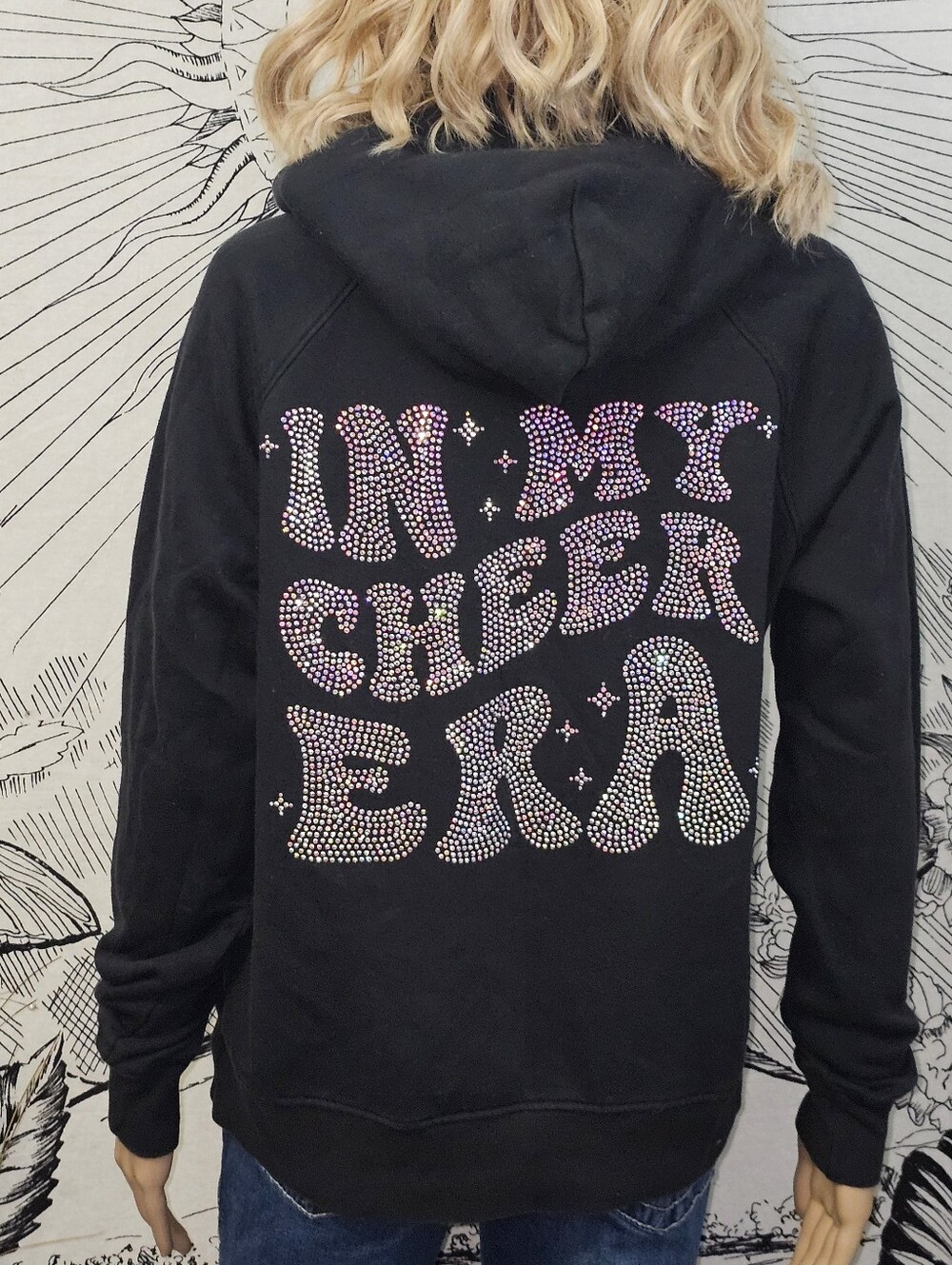 Black Rhinestone 'In My Cheer Era' Pullover Hoodie Large